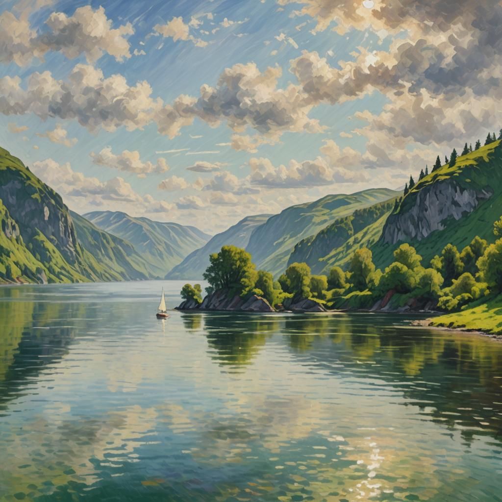Impressionist Fjords Landscape with Sailboat