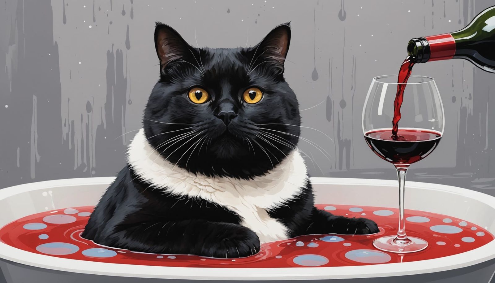 Cat Sipping Wine in Bathtub: Abstract Illustration