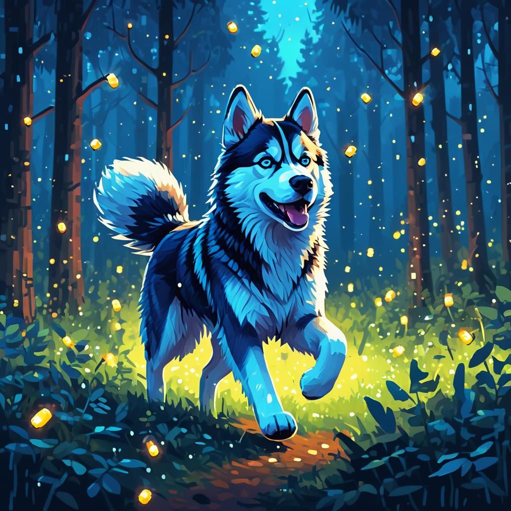 Siberian Husky Chasing Fireflies in Pixel Art