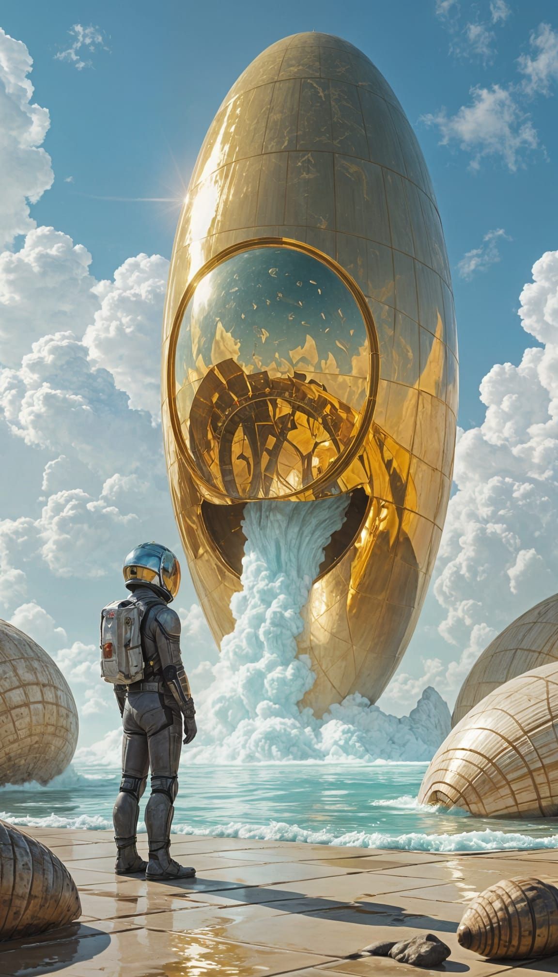 Monumental Golden Conduit Exhaling Vapor in Futuristic Lands...
