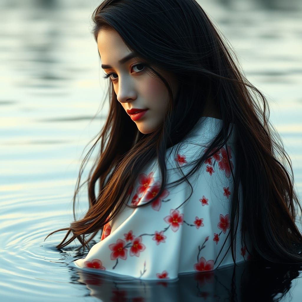 Contemplative Woman in Serene, Water-Locked Landscape