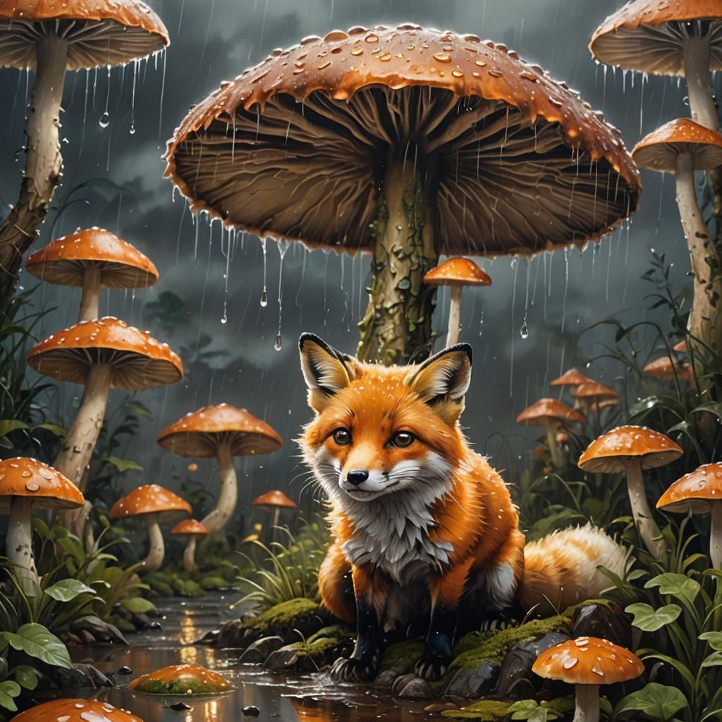 FOX UNDER MUSHROOM