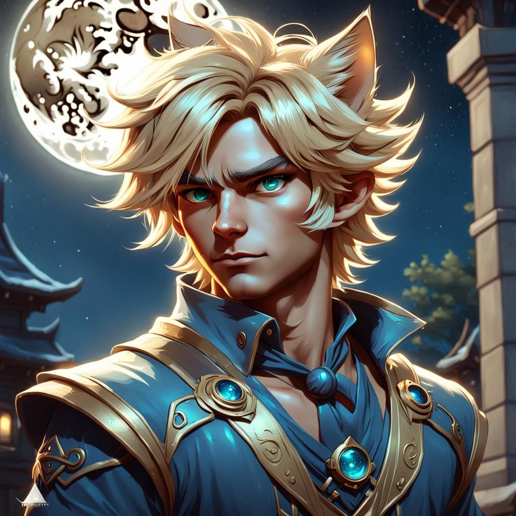 Sly Blond Catboy Portrait in Moonlight