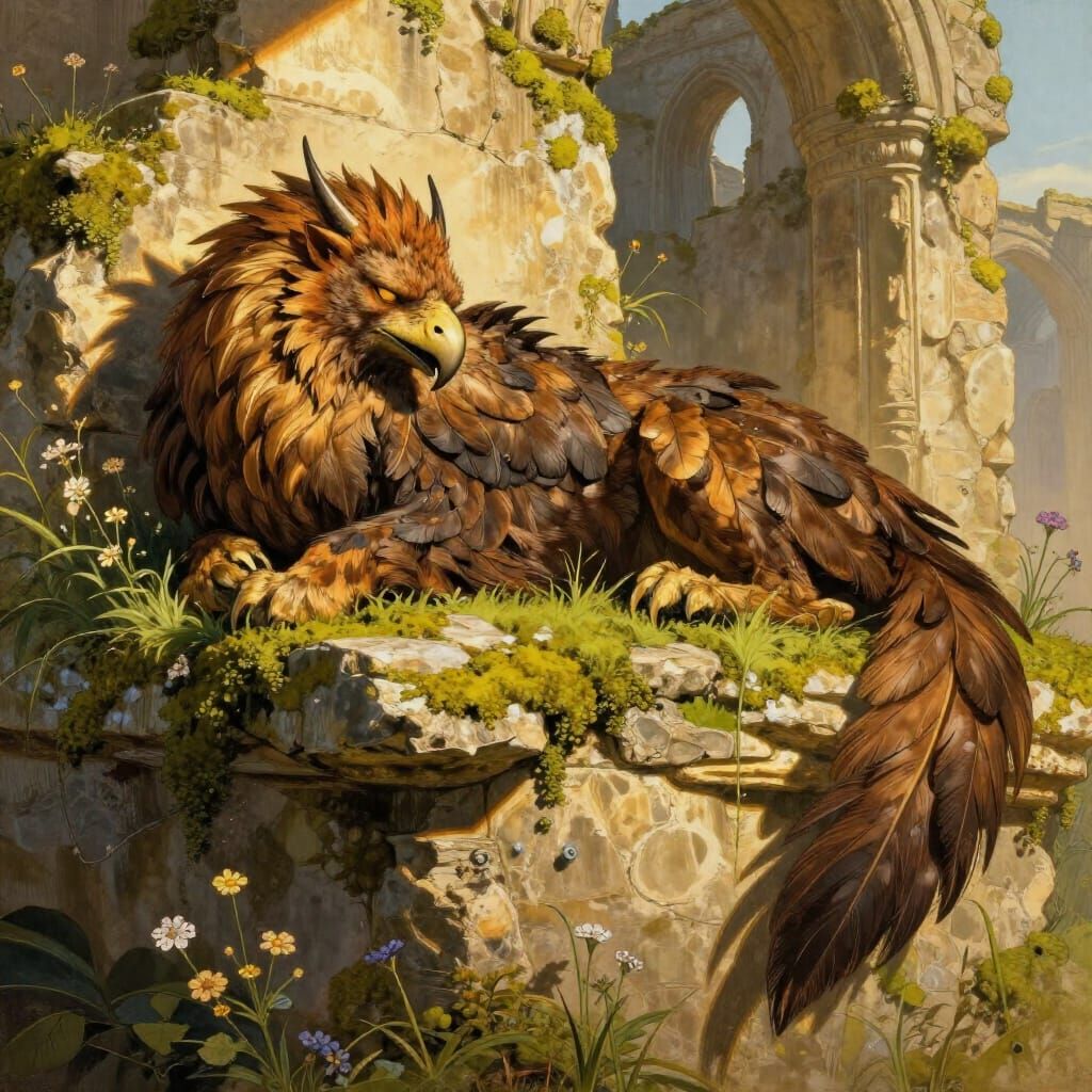 Majestic Griffin Rests on Ancient Ruins in Golden Hour Light