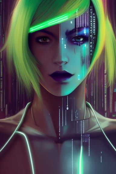 Cyberpunk Robot with Neon Hair, Digital Illustration