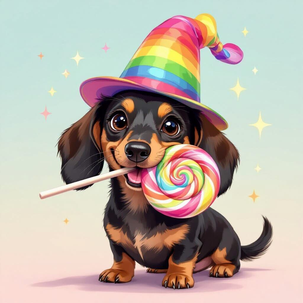 Cute Dachshund with Rainbow Hat and Lollipop