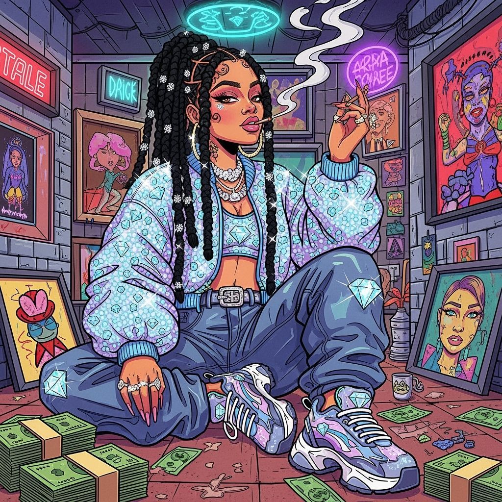 Colorful Cartoon Woman in Trap House, Modern Style
