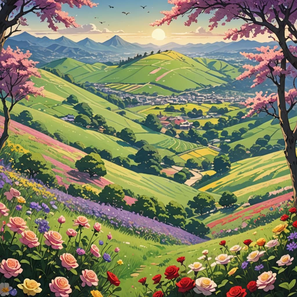 Lush Meadow with Colorful Hills in Anime Style