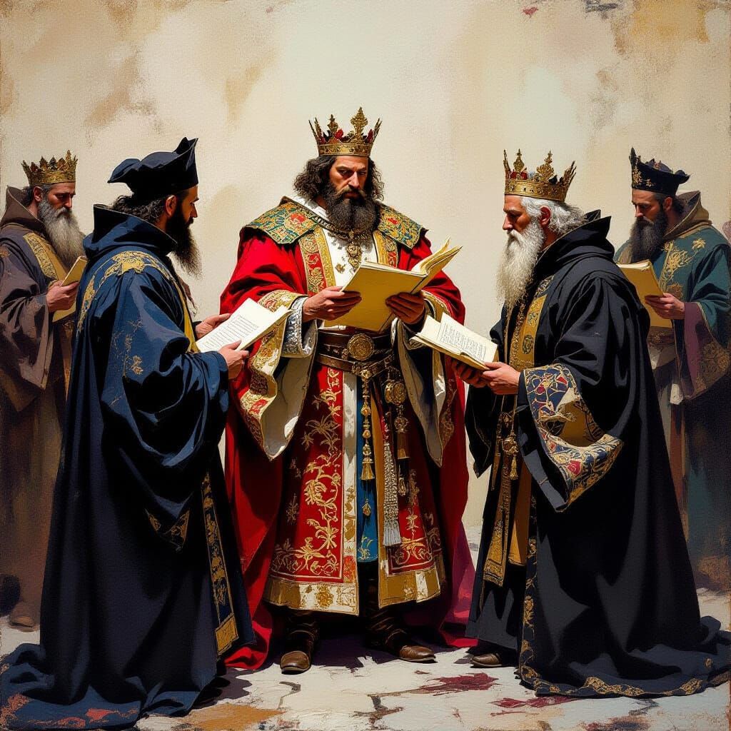 King Consults Doctors: Gouache Painting in Witkin Style