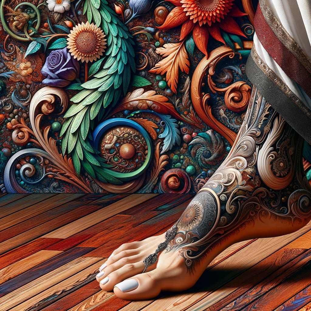 Realistic Female Foot with White Polish on Wood