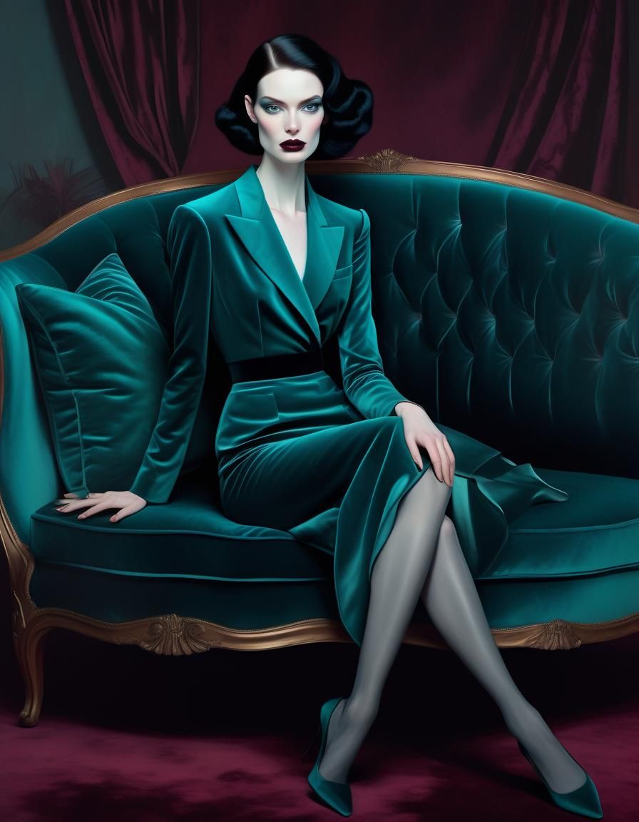 Elegant Woman on Velvet Sofa in Digital Painting Style