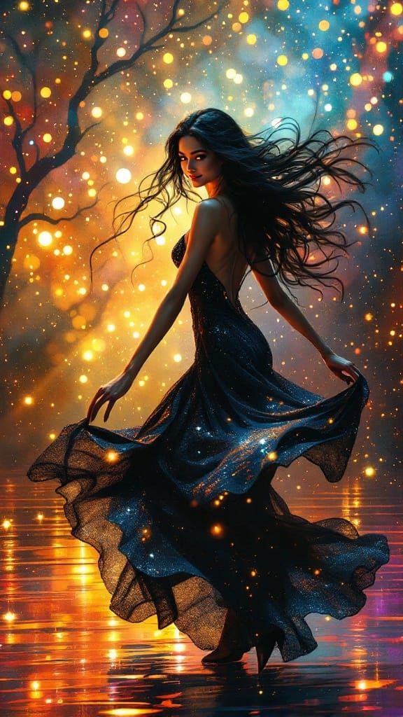 Elegant Woman in Shimmering Onyx Dress Under Disco Lights