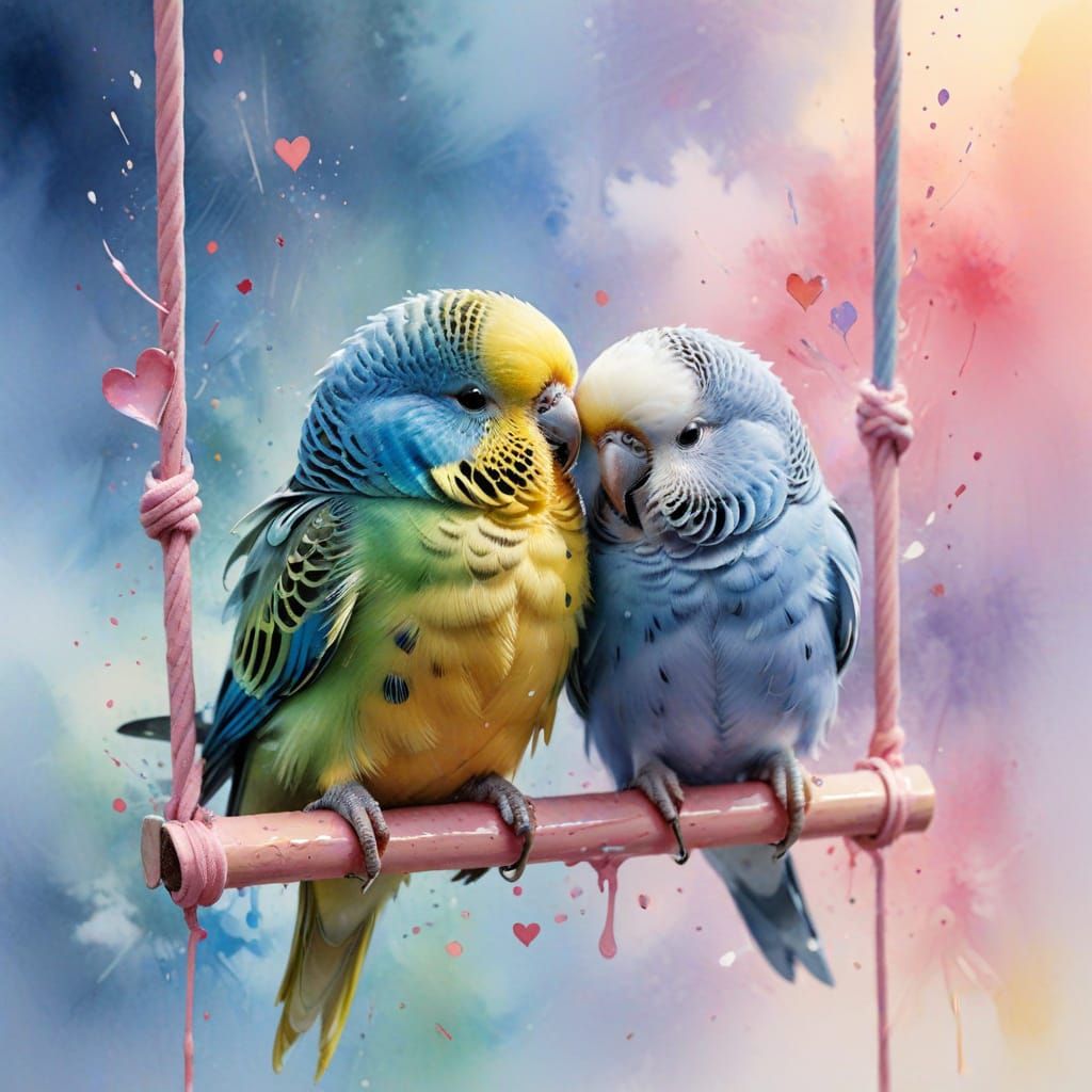 Budgies Snuggling on Rainbow Swing in Watercolor Style