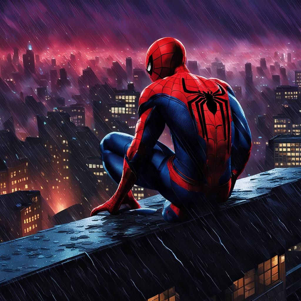 Spider-Man on Rooftop in Rainstorm: Comic Book Art