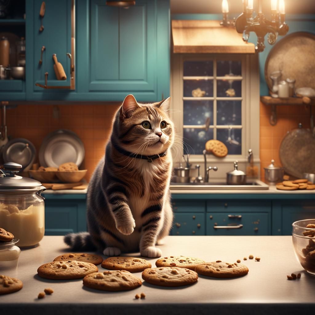Cute Cat Reaching for Cookies: Fantasy Art
