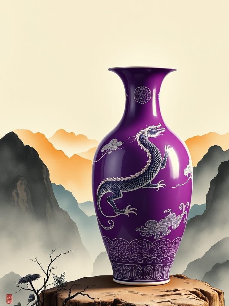 Purple Ceramic Vase with Dragon in Chinese Landscape