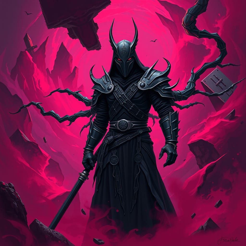 Dark Sith Warrior in Twisted Black Armor Amidst Crimson Vort...