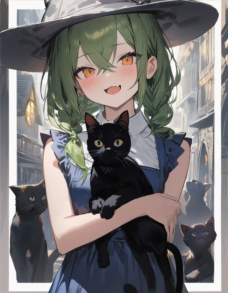 Gothic Green-Haired Wizard Girl with Her Black Cat