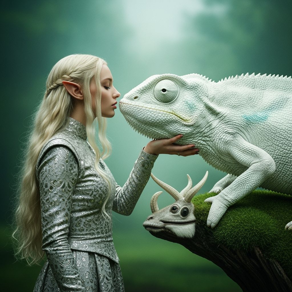 Enchanting Elf with Chameleon in Digital Art Style