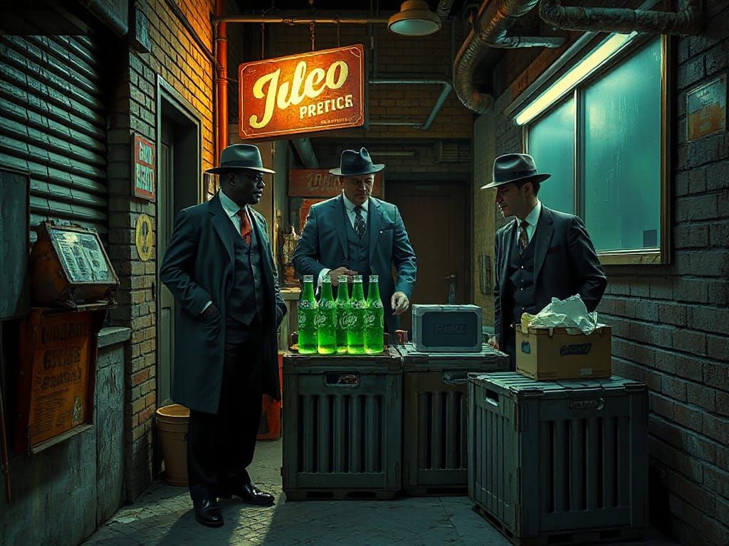 Bootleggers Sell Green Soda in Film Noir Style