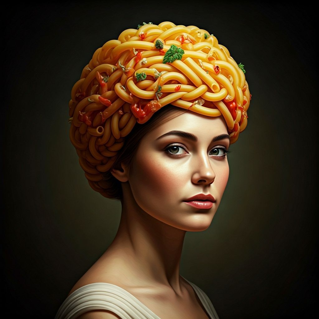 Surreal Woman with Macaroni Pasta Hat