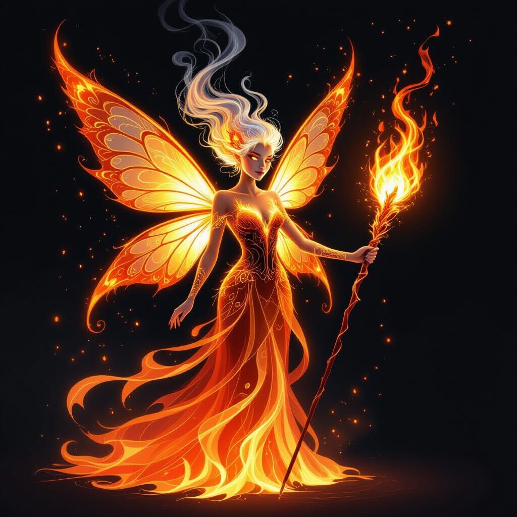 Fire Fairy with Fiery Butterfly Wings in Dark Fantasy