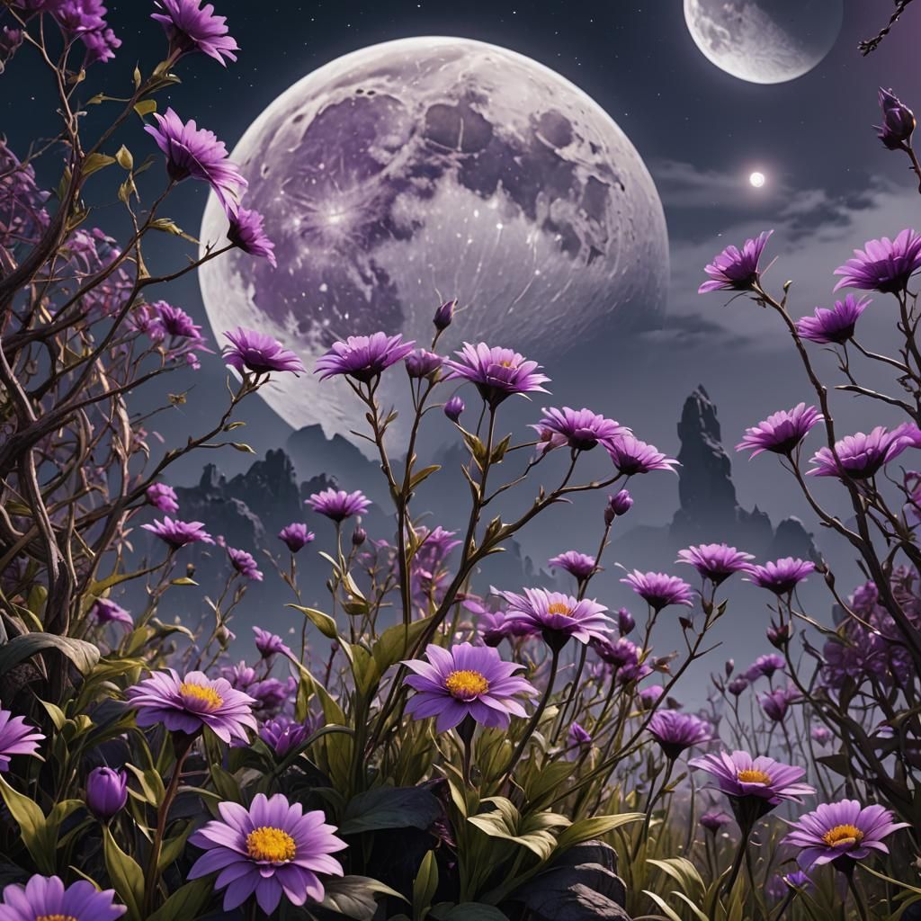 Purple Flowers Silhouetted Against the Moon