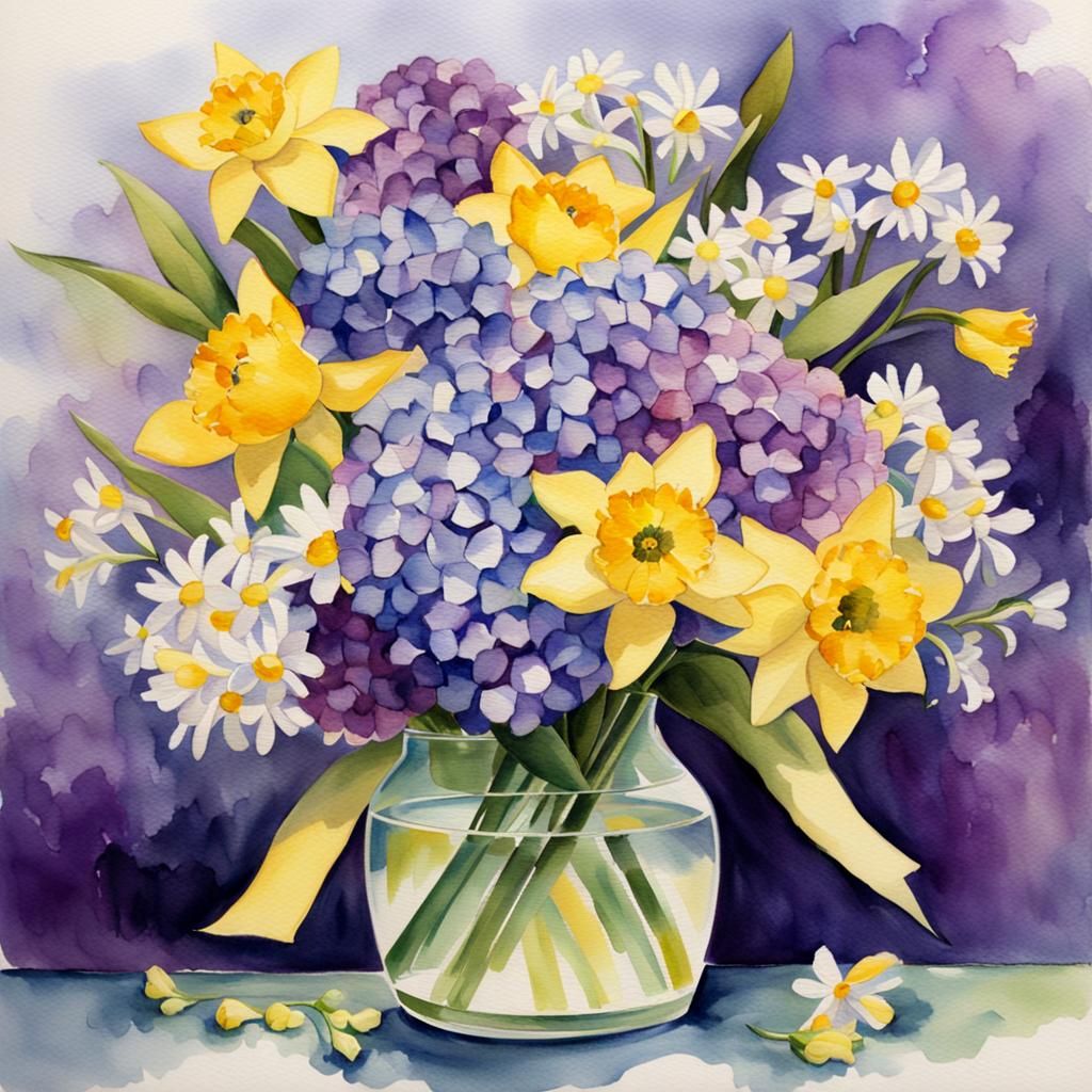 Watercolor Floral Arrangement in Glass Vase