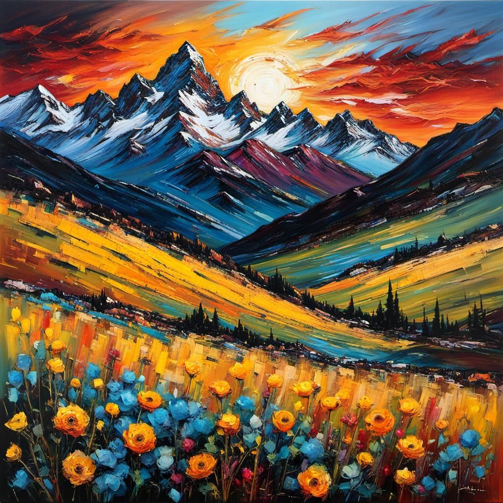 Dynamic Mountainscape in Tachisme Brushwork Style