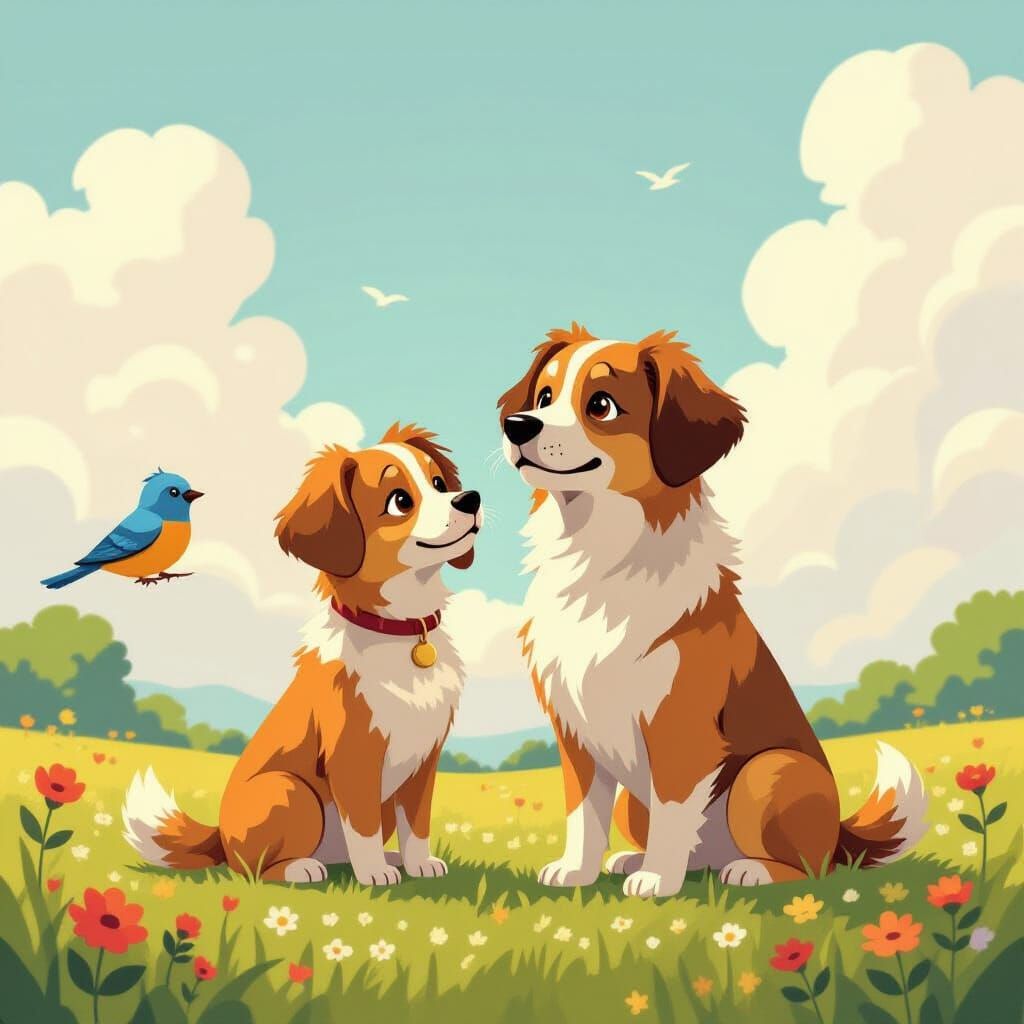 Dog and Bird in Dreamlike Landscape, Whimsical Art