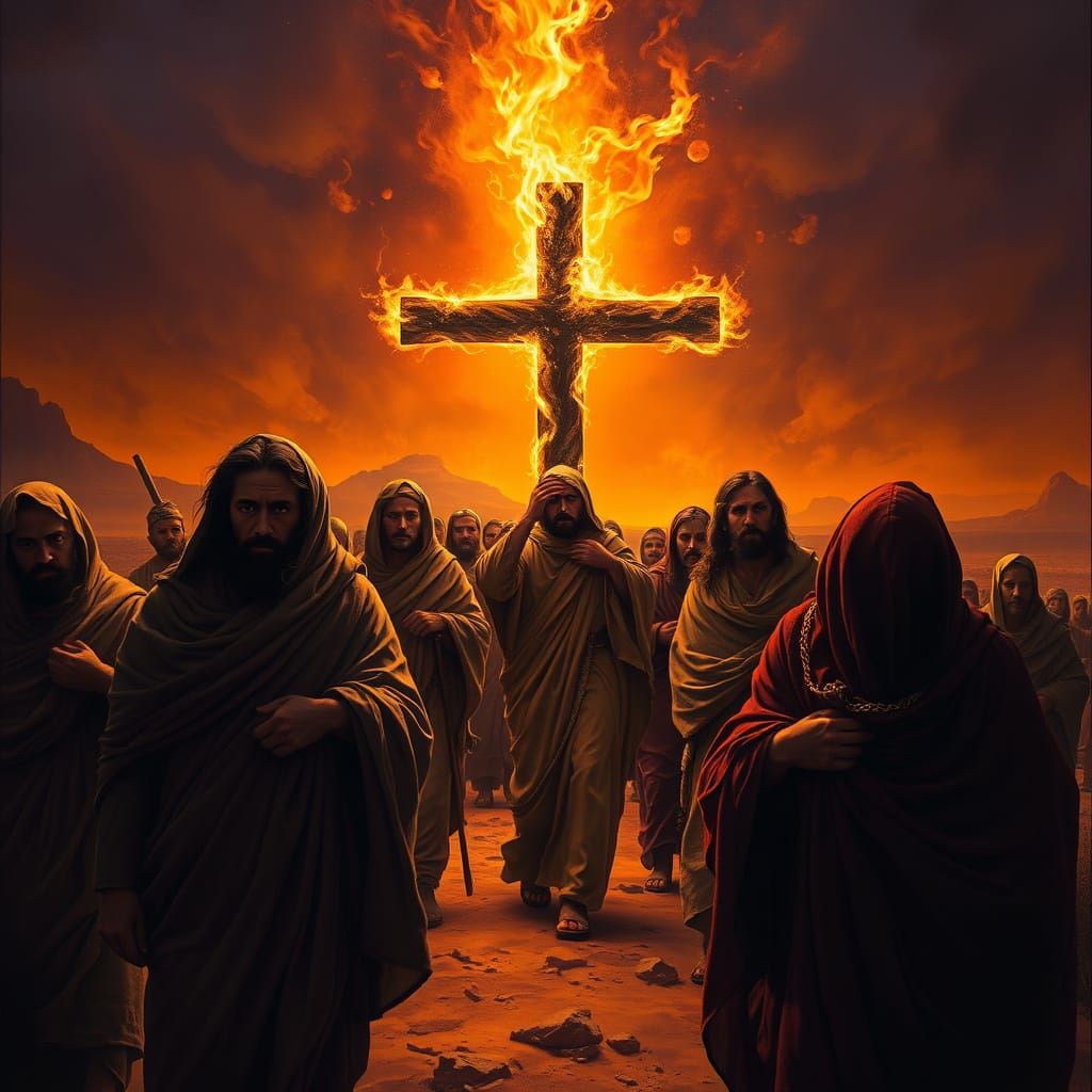 Surreal Renaissance-Inspired Scene of Cross in Heavenly Flam...