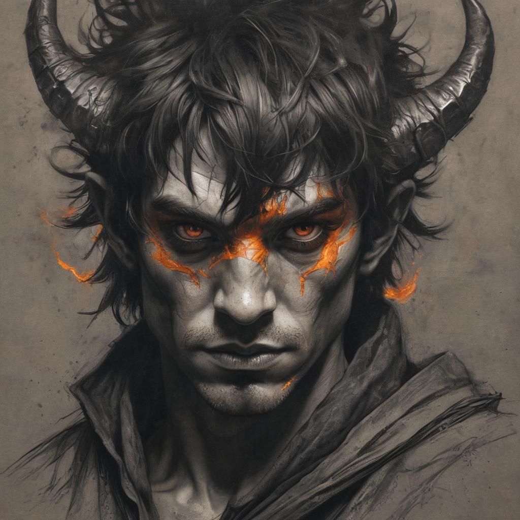 Charcoal Portrait of a Fierce Tiefling Wizard