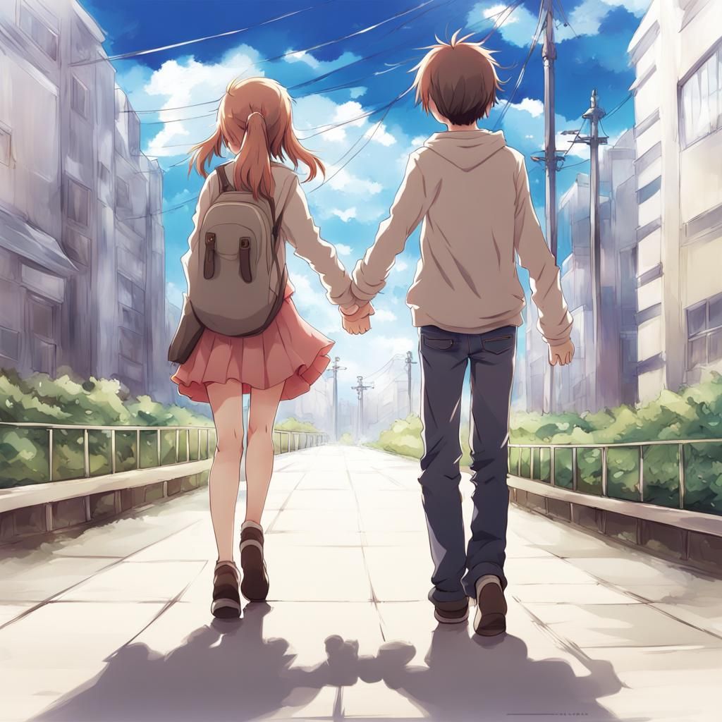 Teen Couple Holding Hands in Anime Style