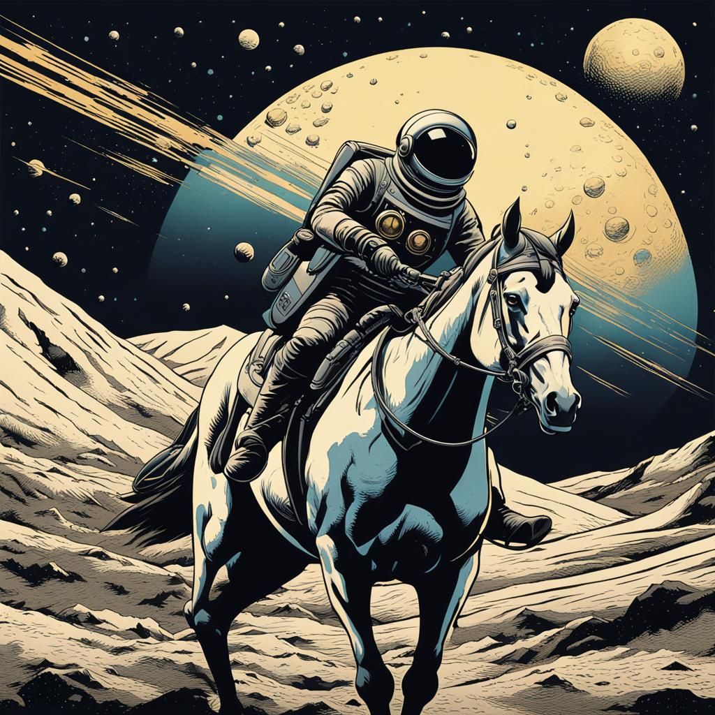 Spaceman Rides Horse on Moon in Comic Book Style