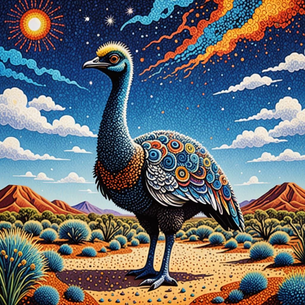 Aboriginal Pointillist Flightless Bird in Australian Desert