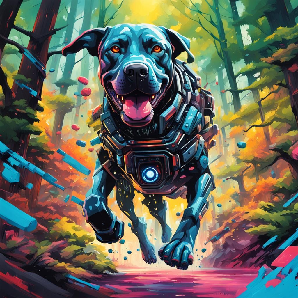 Cyborg Labrador Runs Through Cybernetic Forest in Graffiti A...