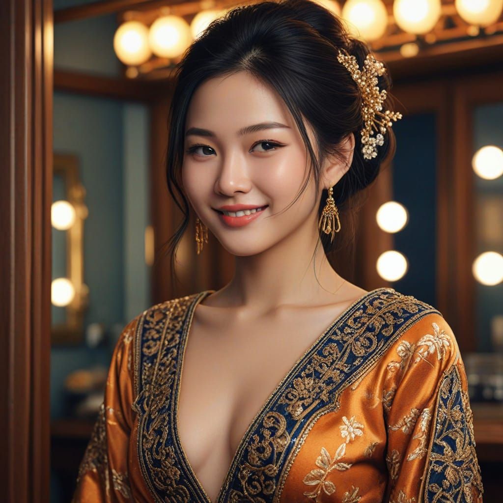 Beautiful Japanese Girl in Golden Outfit, Cinematic Style