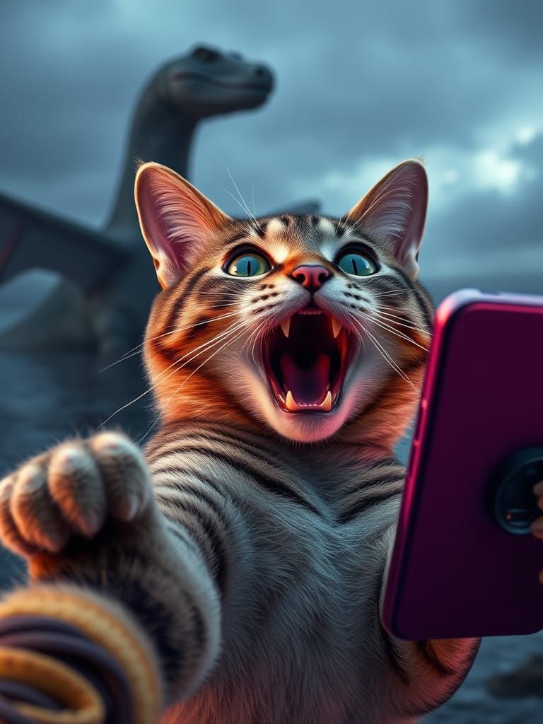 Cyberpunk Feline Masters Dark Fantasy Loch Ness Selfie
