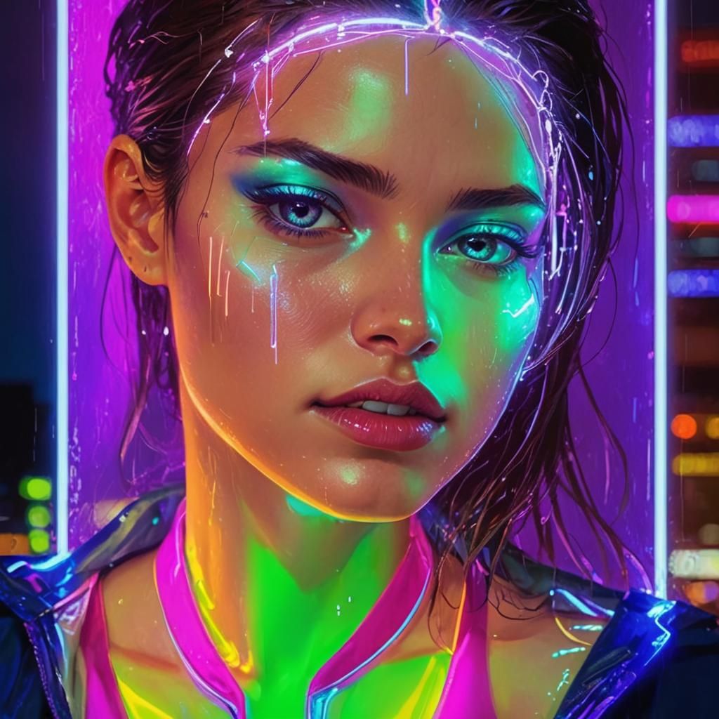 Cyberpunk Latina Rides Holoboard in Neon Cityscape