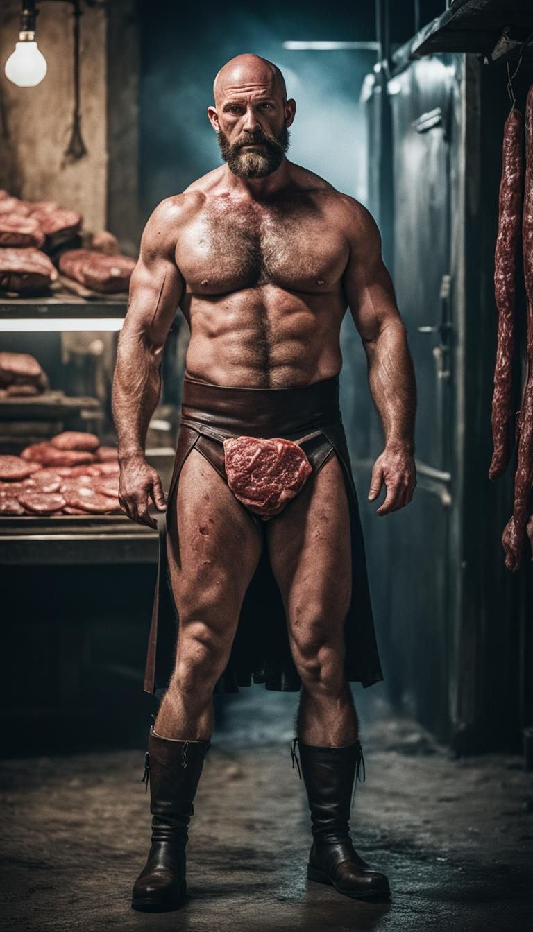 Cinematic Butcher with Salami in Leather Outfit