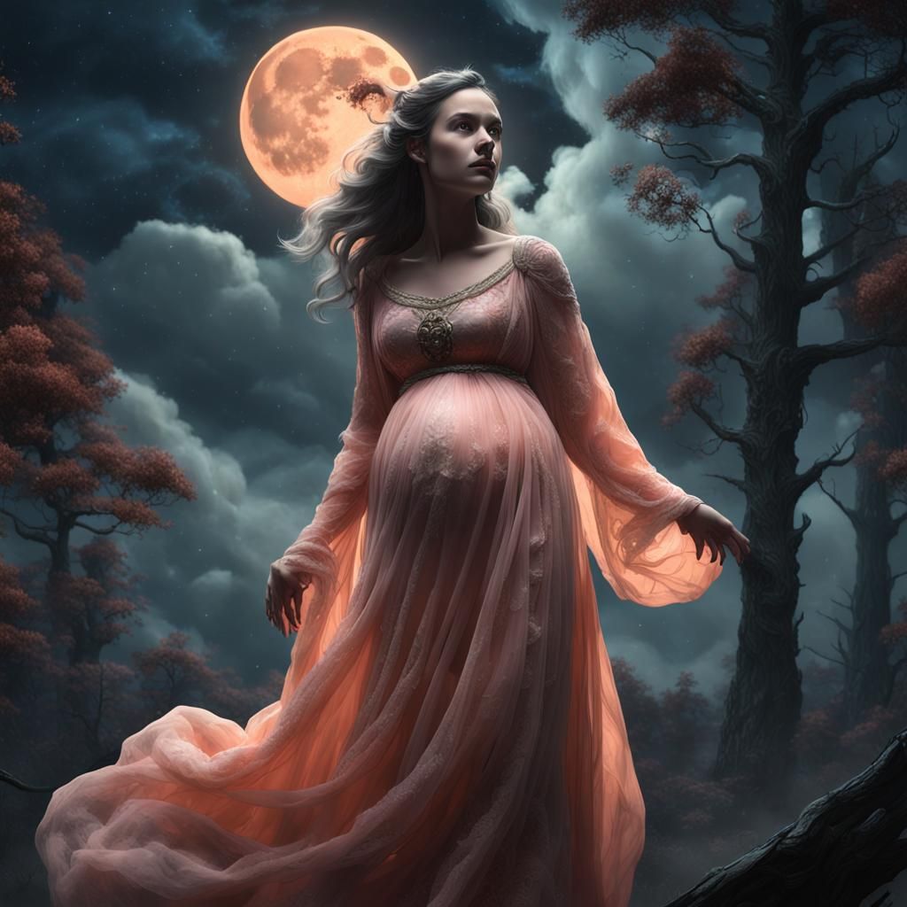 Pregnant Woman in Ethereal Gown: Dark Fantasy Art