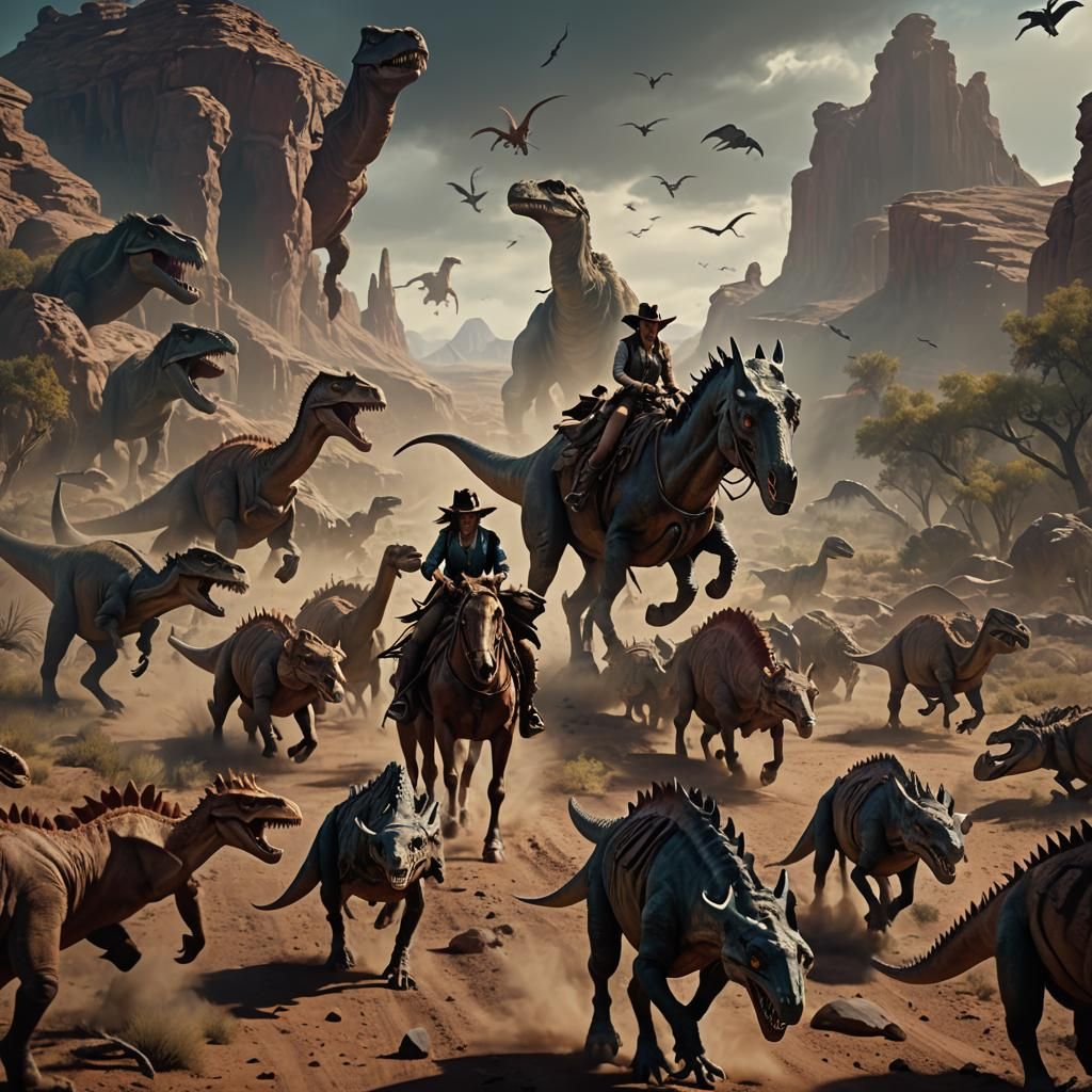 Cowgirl Herding Dinosaurs in the Old West