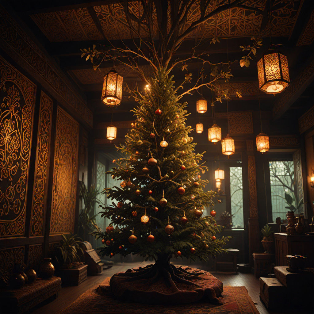 Ethereal Christmas Scene with Batik Patterns and Lanterns