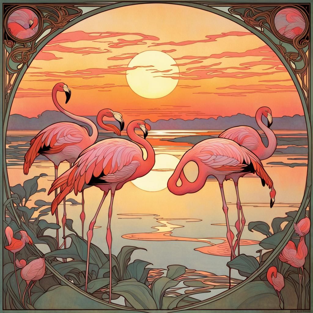Flamingos at Sunset in Art Nouveau Style