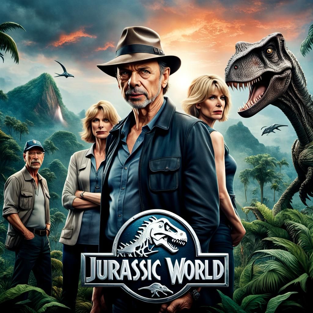 Jurassic World Movie Poster with Sam Neill and Cast