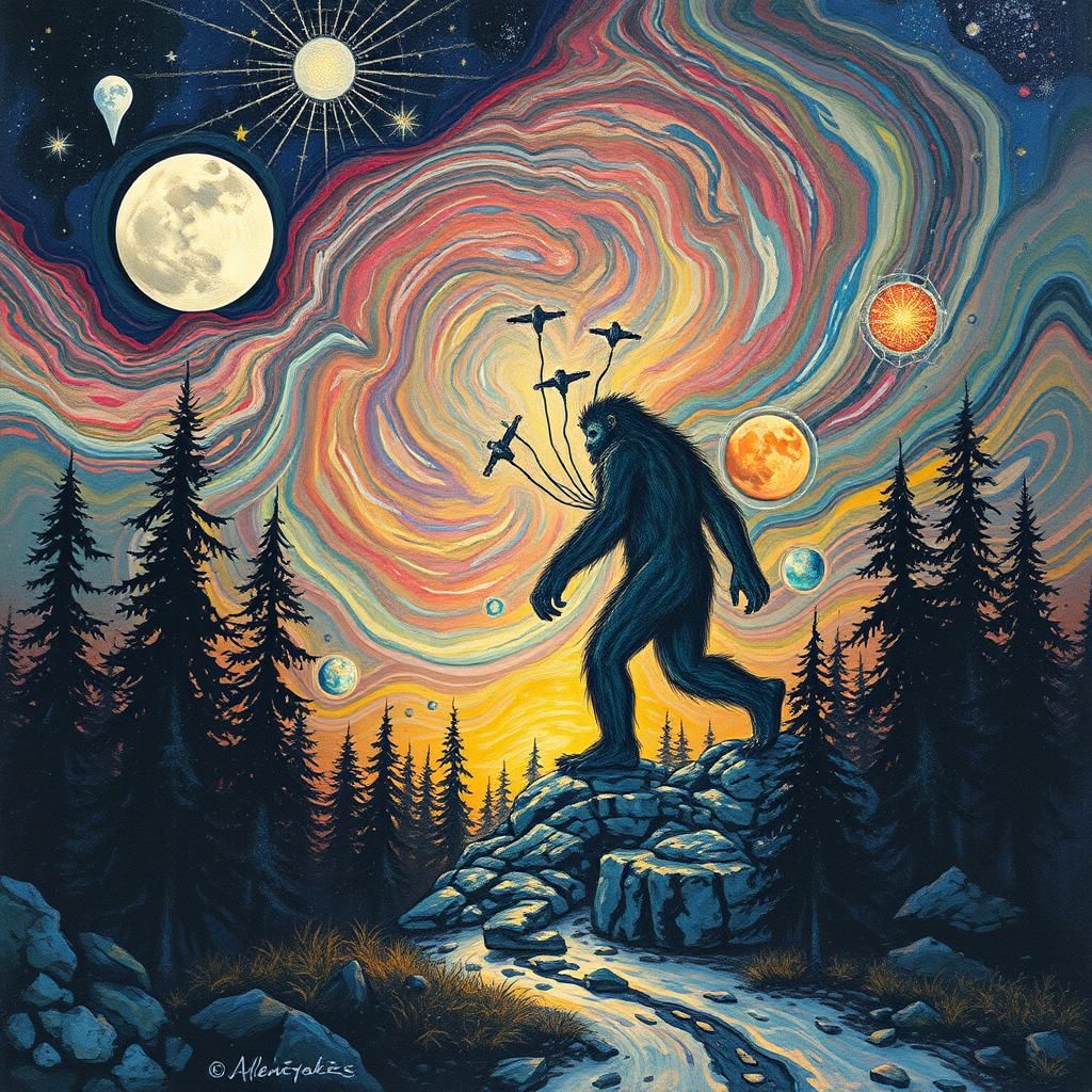 Surreal Bigfoot Namaste with Chemtrails Futurism