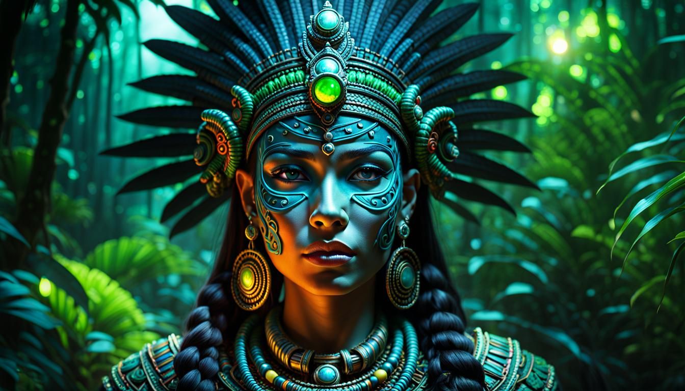 Dark Jungle Mayan Queen in Nuclearpunk Style