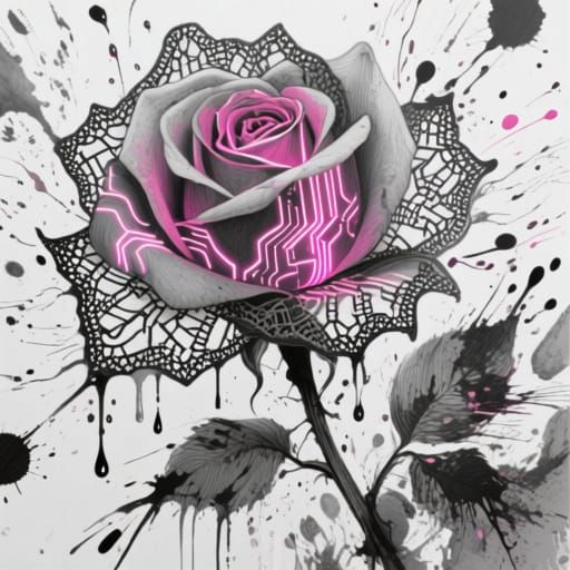 Abstract Rose with Glowing Circuitry in Grayscale