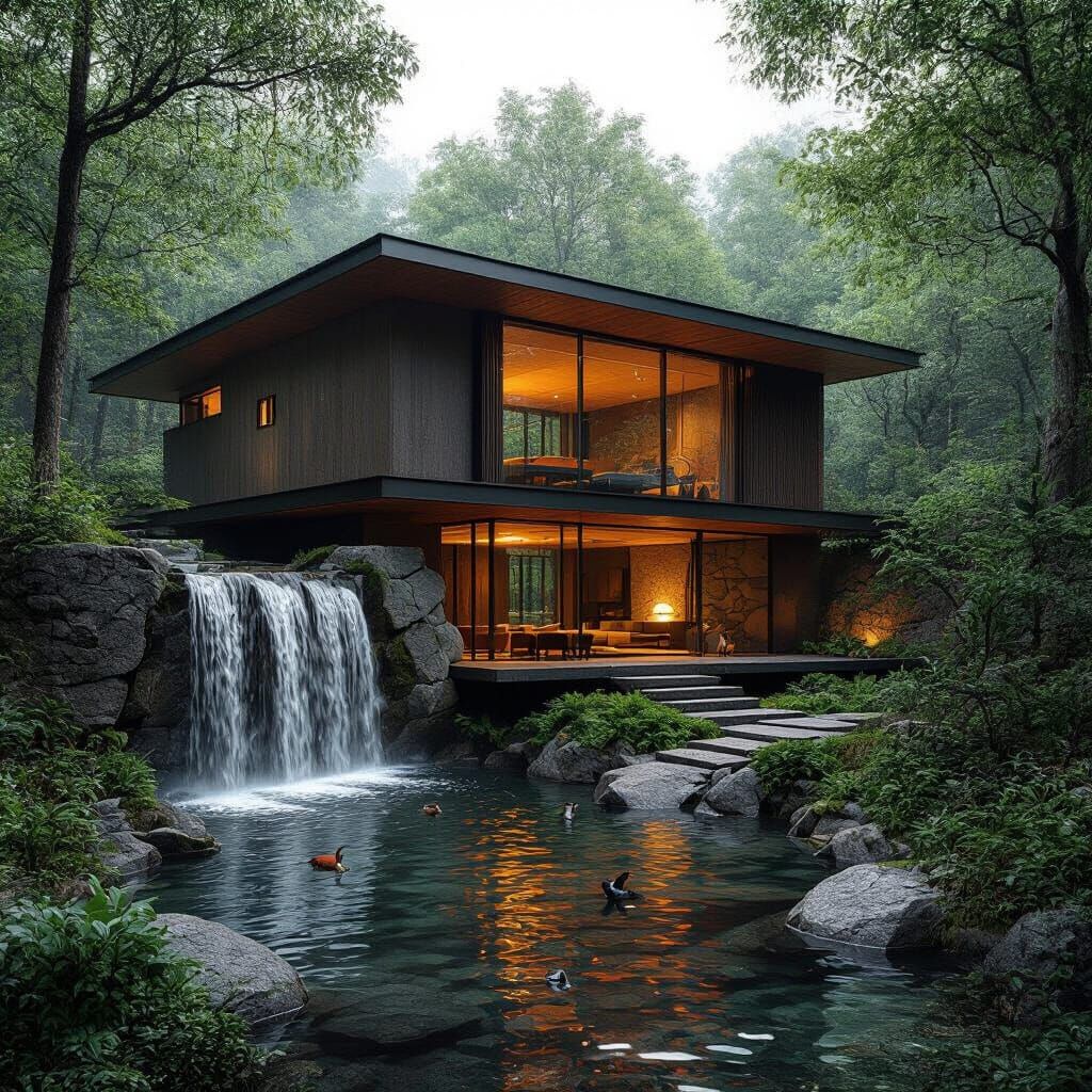 Rustic Japanese House Behind Waterfall in Hyperrealism