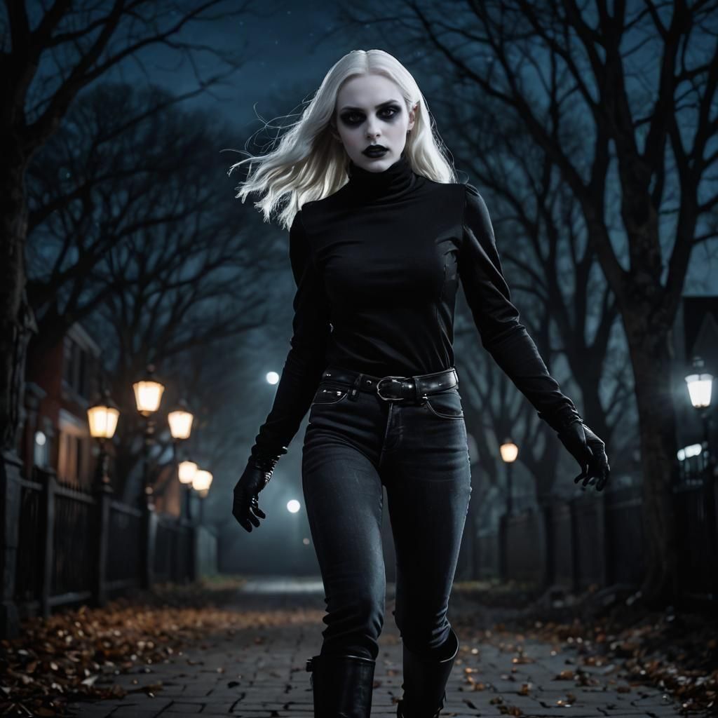Gothic Vampire Girl Flies at Night: Hyperrealistic Image